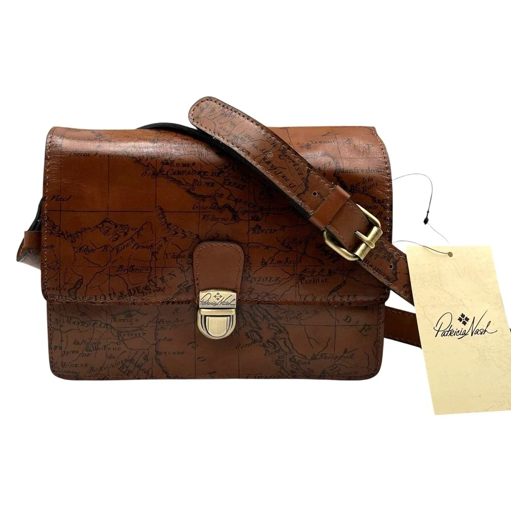 Patricia Nash Womens Liana Leather Crossbody Signature Map Brown Multi-pocket